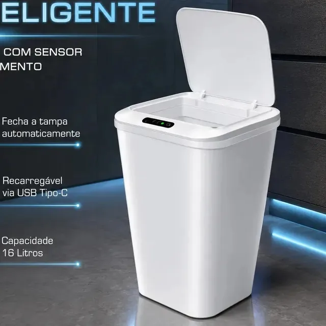 Lixeira Inteligente Automática Branca Universal Com Sensor Recarregável Earman Company Anti Odor 16l...