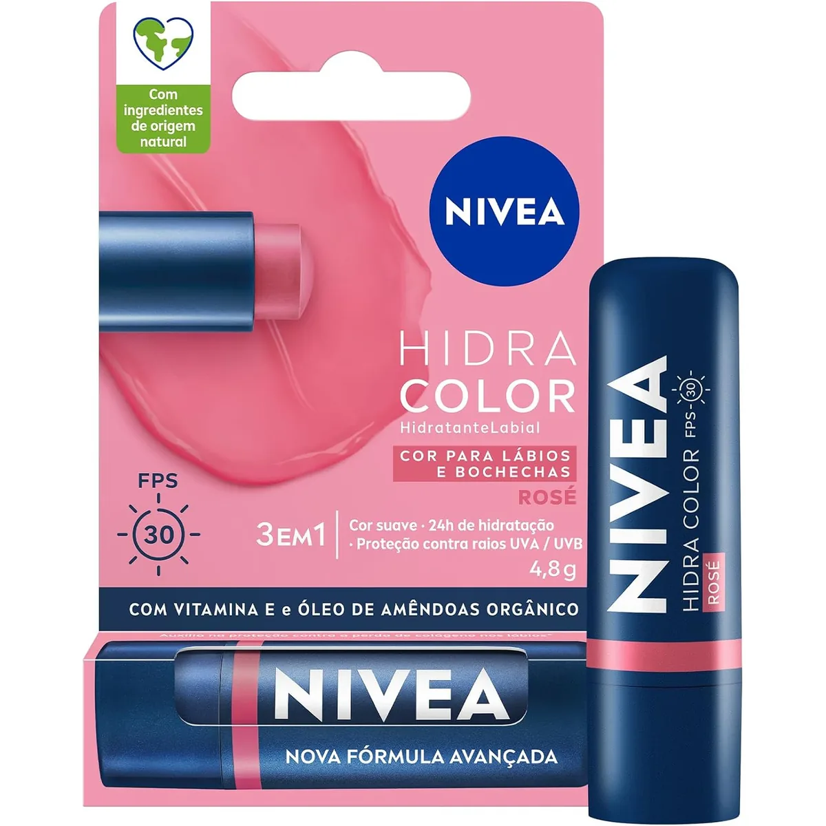 NIVEA Hidratante Labial Hidra Color 3 em 1 Rosé 4,8g, Cor Intensa, Hidratação 24h, Proteção UVA/UVB, Lábios e...